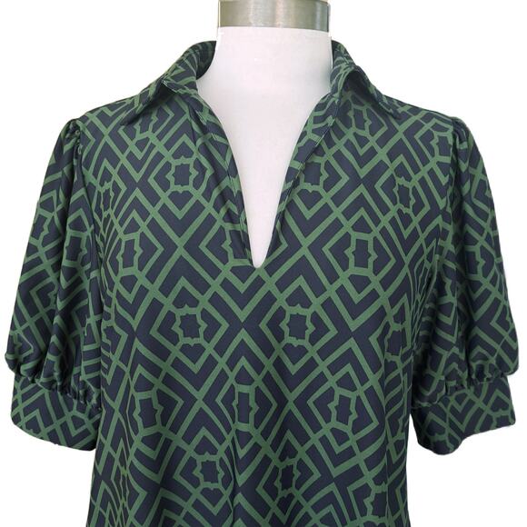 JUDE CONNALLY Emerson Puff Sleeve Mini Dress Small Garden Lattice Navy Green - Picture 4 of 12